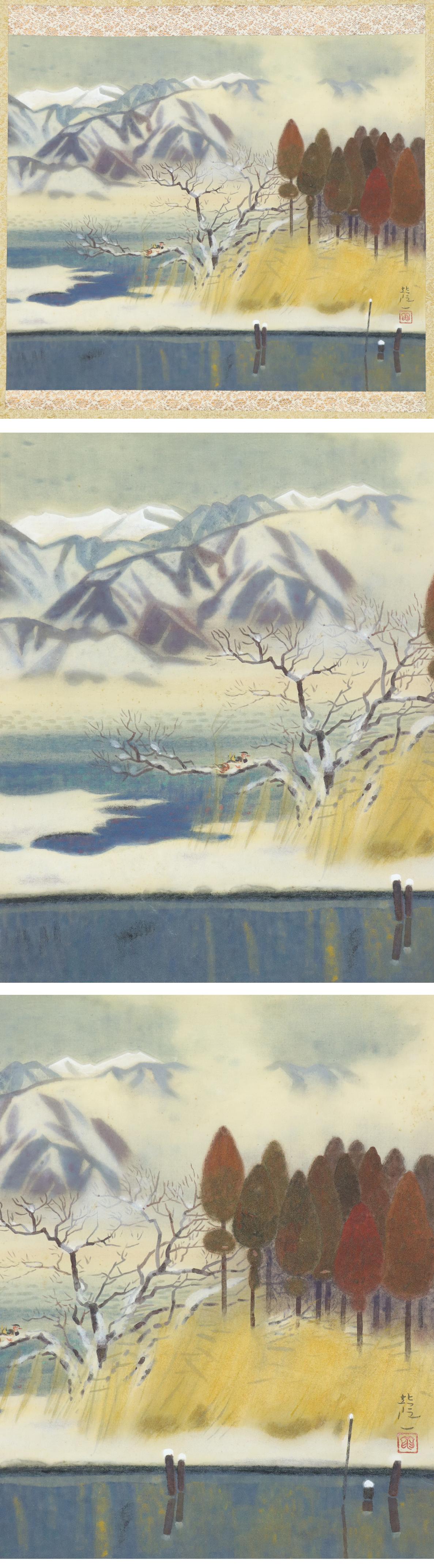 特価人気◆太田龍一◆雪中湖畔◆共箱◆二重箱◆肉筆◆絹本◆掛軸◆m570 山水、風月