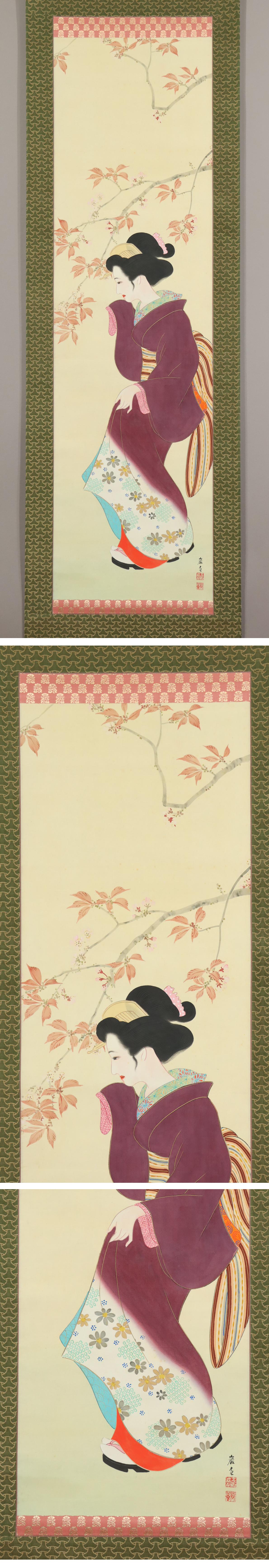 不明】◇三堀巌◇桜花◇美人画◇日本画◇共箱◇肉筆◇絹本◇掛軸