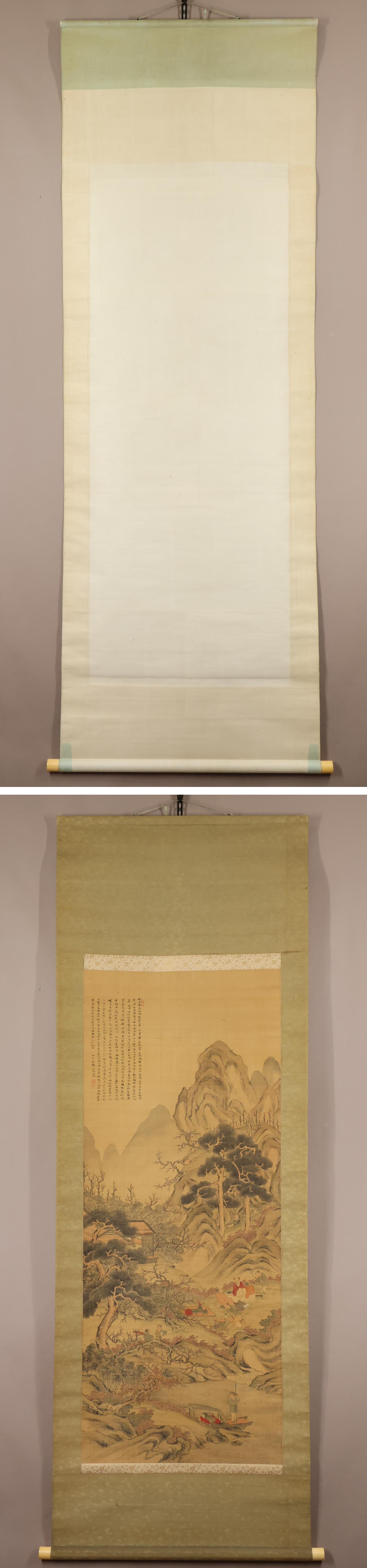 模写】◇田能村竹田◇春景山水◇人物◇野立て◇煎茶◇絹本◇掛軸◇v341